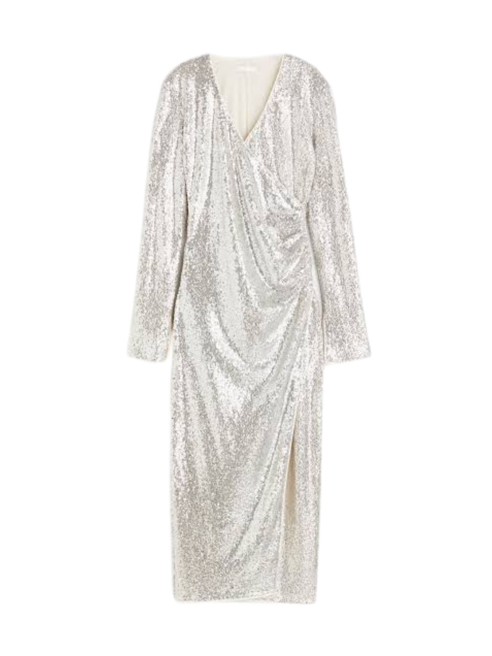 H&M Silver Sequin Faux Wrap Midi Dress NWT M